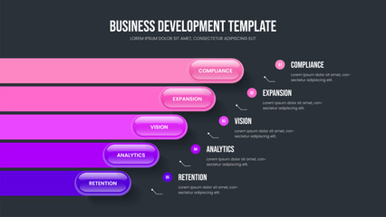 Financial Briefing Frame Layout Vector Illustration. Investor Report 5 Option Diagram Presentation Design. Product Introduction Five Element Infographic Slideshow Template.