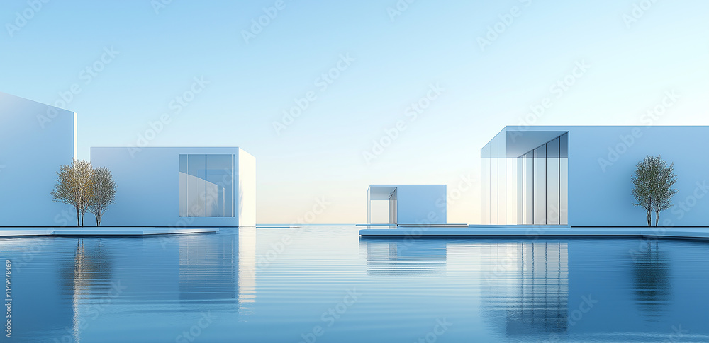 Poster modern minimalist architecture, reflected in calm water, showcases a tranquil and elegant design sty