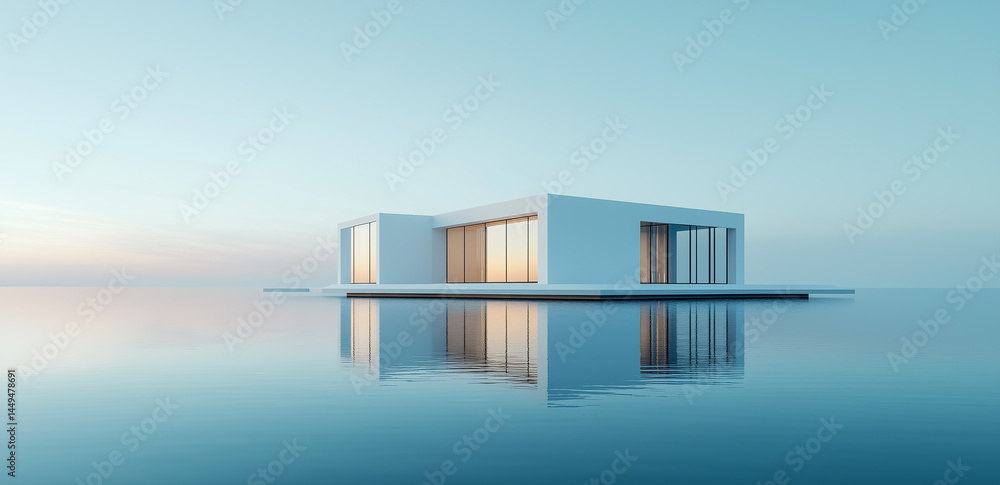 Poster a simple white building stands on calm water with clear reflections, creating a tranquil and modern 