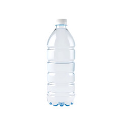 A clear, plastic water bottle with a white cap on a transparent background