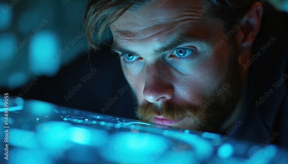 Poster man deeply focused on futuristic digital interface in blue light. hacker gaze with concentration. in