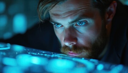 Man deeply focused on futuristic digital interface in blue light. Hacker gaze with concentration. Innovation, cyberspace, tech, programming, developer, engineer, scientist. AI, code.