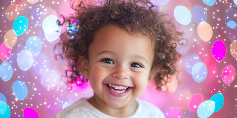 Fototapeta premium Happy child laughing with colorful bubbles background