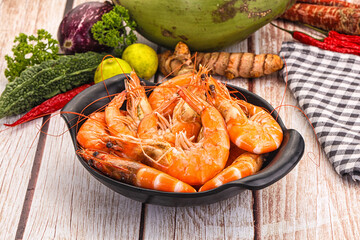 Tasty hot big boiled prawns