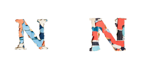 Two capital letter N, torn collage paper letters, alphabet font. cut out transparent