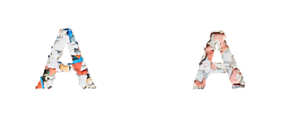 Two letter A shapes made of peeling paper layers. cut out transparent