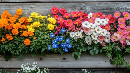 Colorful flowers cascade from a weathered wooden planter box, vibrant and eye-catching. Use for spring themes, rustic decor, or floral beauty.