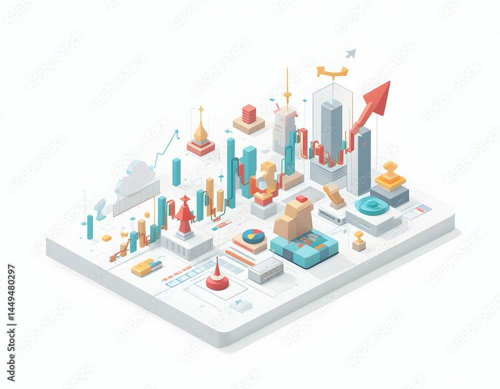 Poster analyzing isometric data graph with growth arrow financial concept