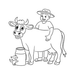 Farmer milking a cow line art