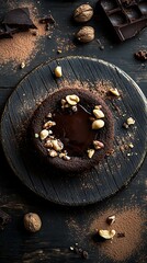 Naklejka premium Chocolate Cake with Nuts and Molten Center on Rustic Wood Board with Dark Chocolate