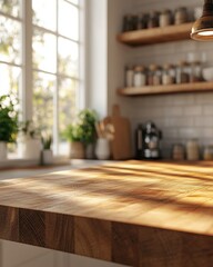 Warm Kitchen Interior with Wooden Countertop and Natural Light Streaming Through Window