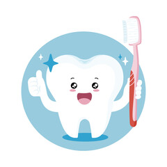 Cute cartoon tooth holding toothbrush and showing thumbs up, symbolizing dental hygiene and oral care for kids. Vector illustration isolated on white background.