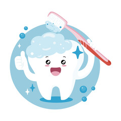 Happy tooth with toothbrush and foam, giving thumbs up. Dental care, oral hygiene concept.  Vector illustration isolated on white background.