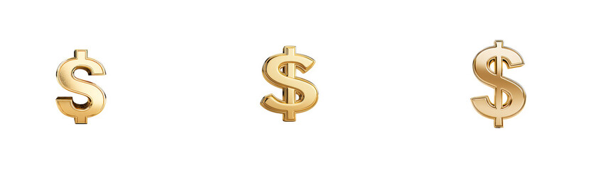 Currency symbols, three US dollar golden signs. cut out transparent