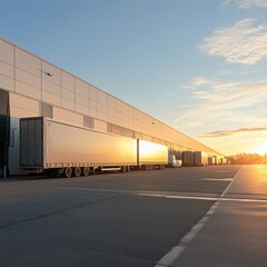 Logistics Center at Sunset with Trailers Ready for Delivery and Distribution in the Morning
