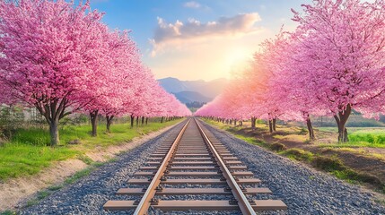 Traditional Train Rolling Through Cherry Blossoms