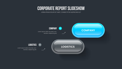 Project Launch Two Option Diagram Slideshow Layout. Business Introduction 2 Element Infographic Frame Design. Service Performance Presentation Template Vector Illustration.