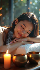 Smiling woman resting during spa treatment with candles and bowls, cozy atmosphere