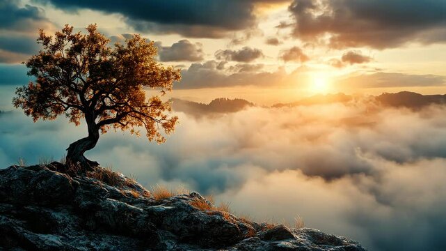Solitary tree atop a misty mountain peak at sunset