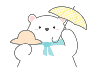 紫外線対策・熱中症対策 日傘と帽子を持つシロクマ