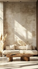 Minimalist interior design with sunlight and natural elements in neutral tones and wooden furniture