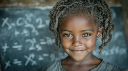 Young child displays math success with pride and joy in a classroom environment