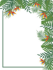 Top corner frame of tropical leaves and bright flowers isolated on white background. Right side frame. Hand drawn vector illustration