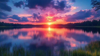 Serene lake reflects a vibrant sunset, creating a tranquil ambiance