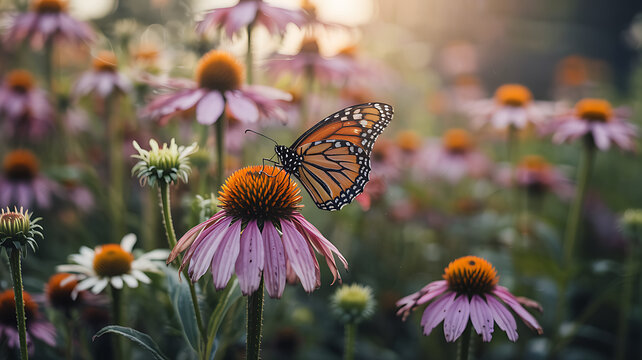 Monarch butterfly on vibrant purple coneflower sunset magic nature beauty