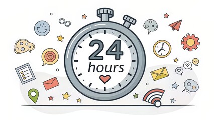 Obraz premium A flat stopwatch graphic labeled ?24 Hours,? surrounded by scattered cartoon symbols.