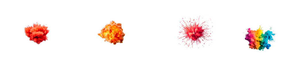 Isolated colorful smoky explosions set against solid backdrop, cut out transparent