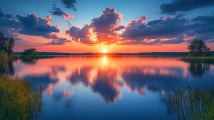 Tranquil lake at dusk reflecting a brilliant sunset in atmospheric scenery