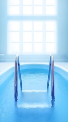 Fototapeta premium Indoor Pool Scene with Metal Ladder Steps and Bright Window