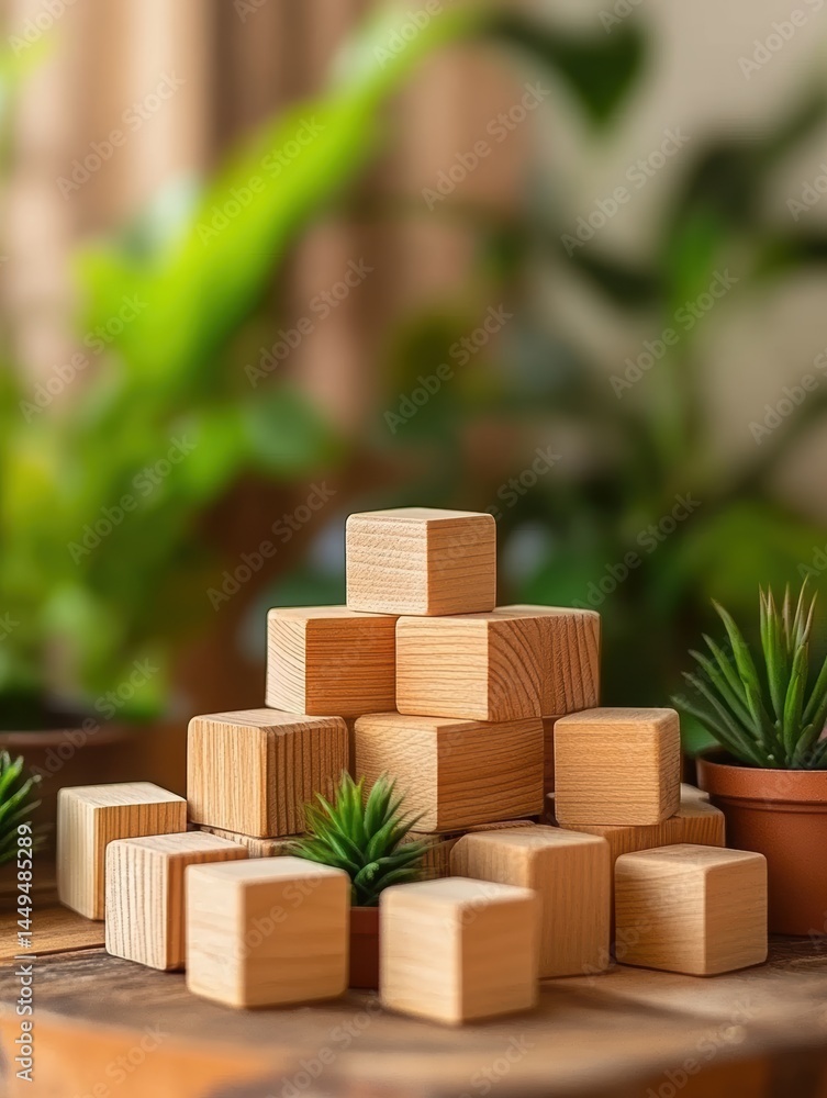 Aufkleber wooden blocks stacked on table with plants in background for creative play and learning concepts