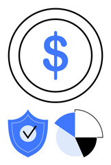 Dollar inside circular outline, shield with checkmark, pie chart in blue, black, white. Ideal for finance, savings, investment security analysis business growth. Flat simple metaphor