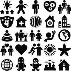Family vector icons set, ideal for holiday, nature, and business pictogram design, featuring house, hand, and heart silhouettes