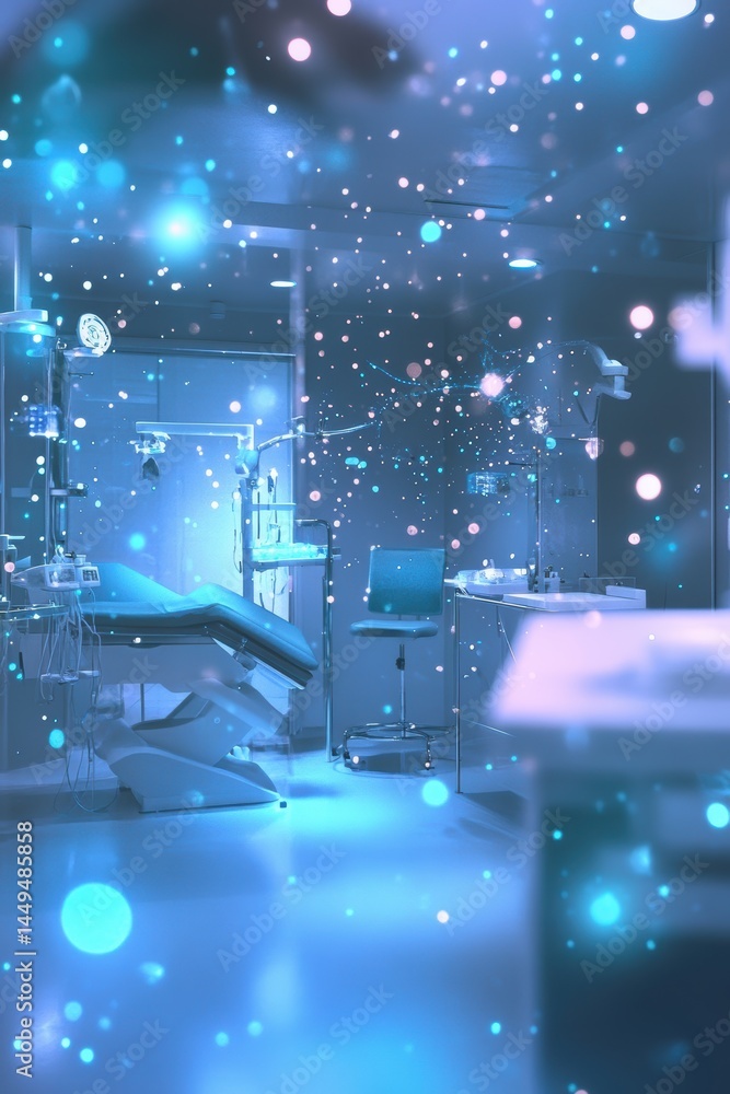 Poster futuristic operating room with advanced technology and digital particles floating around