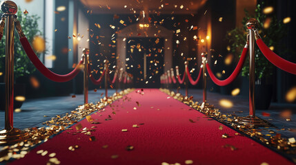 Red carpet path, golden confetti, elegant venue