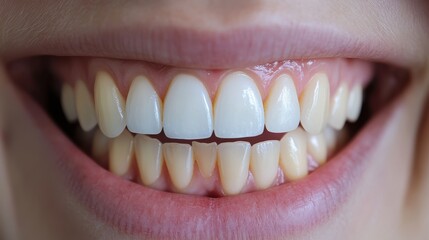 Close-up of a smiling woman showing healthy teeth and clean gums. Great for dentistry ads, oral hygiene, or cosmetic procedures.
