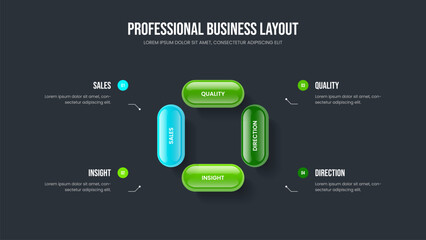 Investor Showcase Presentation Template Vector Illustration. Enterprise Solution 4 Step Diagram Slideshow Design. Business Development Four Element Infographic Slide Layout.