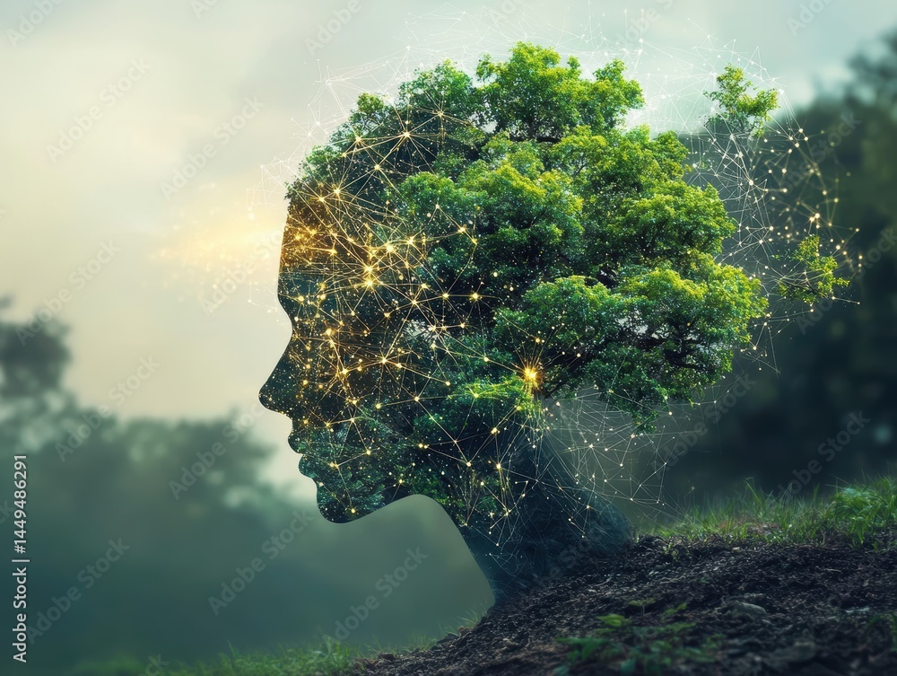 Poster conceptual silhouette of a person with tree and network overlay for ecology and future