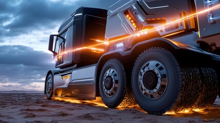 Naklejka premium Futuristic Electric Truck, Desert Highway - Futuristic technology