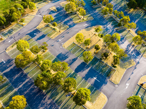 Aerial View of Empty Parking Lot in Early Morning