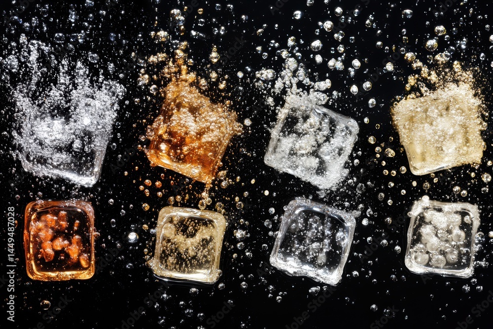 Poster ice cubes with bubbles and splashes on black background for refreshment concept