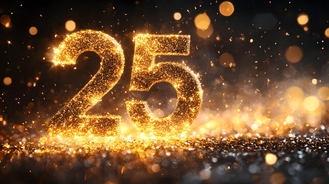 A sparkling representation of the number 25, glimmering against a dark background, symbolizing celebration or a significant milestone.