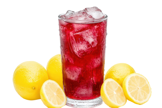 Ruby lemonade A glass of red drink with ice stands out against lemons on black