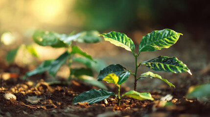 Young coffee plants sprouting from soil, bathed in sunlight