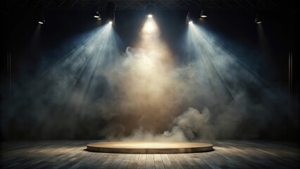A dimly lit empty stage with a single spotlight shining down on it amidst thick smoke fogging the atmosphere