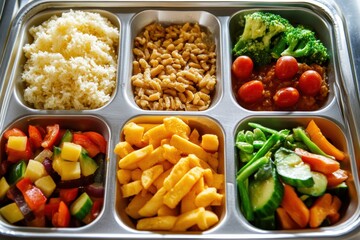 Cafeteria Tray with Rice, Noodles, Broccoli, Tomatoes, Salad, Fries, Green Beans and Carrots