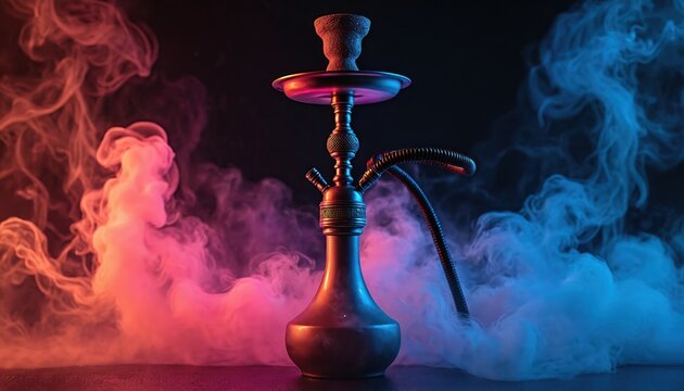 Hookah art illustration with swirling smoke, colors on black. Abstract design featuring hookah shisha pipe, vibrant smoke clouds, creating surreal artistic atmosphere for night club, lounge, party.